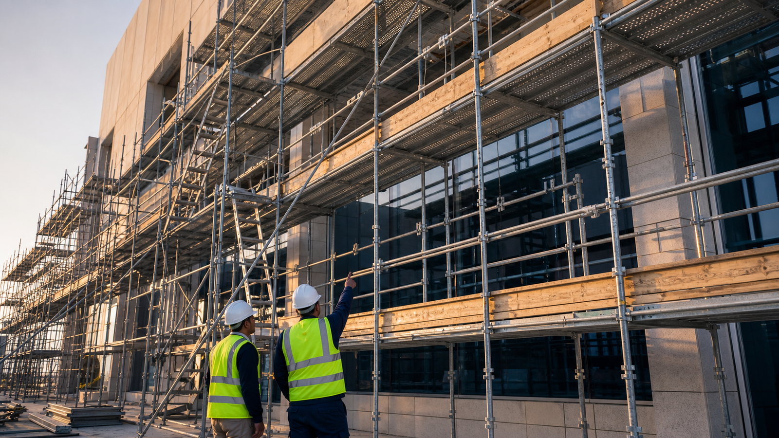 Professionally installed modular scaffolding at a commercial building